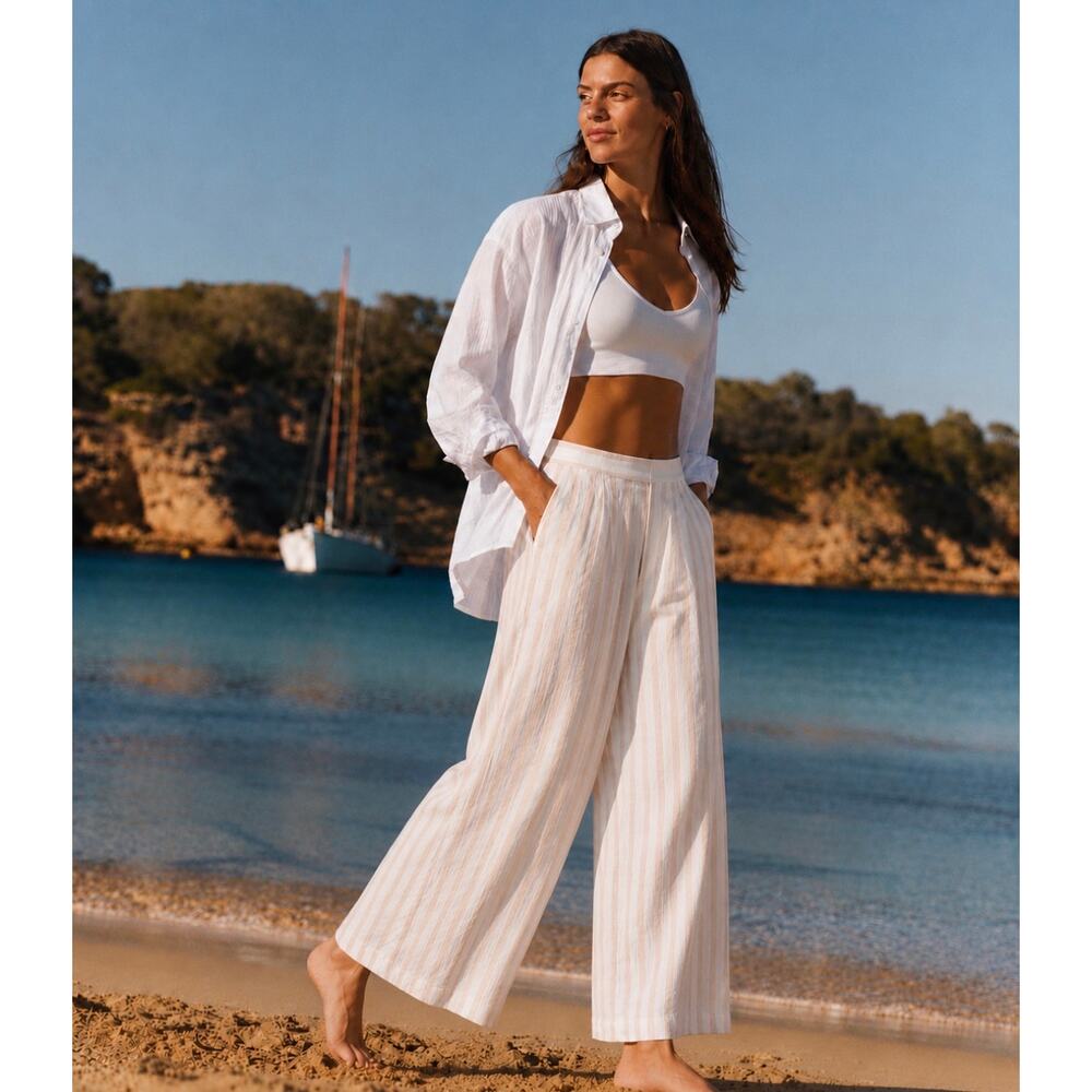 Billabong Pleated Wide Leg Trousers Stripe Linen Blend White Womens Size 25